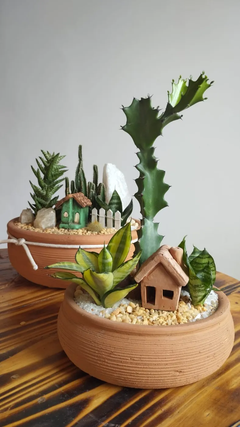Minijardim artesanal com plantas e elementos naturais